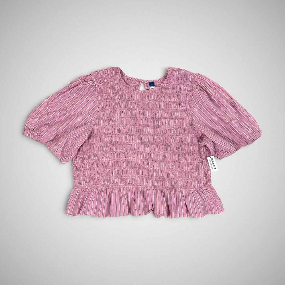 NWT Old Navy Puff Sleeve Top Pink Striped Peplum Smocked Boho Cottage Size 3X
